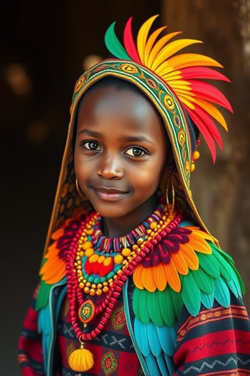 A beautiful Amhara girl, wearing colorful bird clothing with vibrant colors