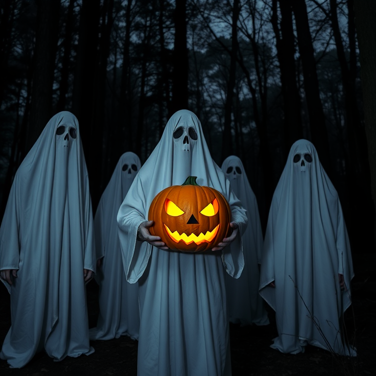 A group of ghostly figures in white sheets with eye holes standing in a dark forest holding a carved pumpkin with a menacing face, creating an eerie Halloween atmosphere.