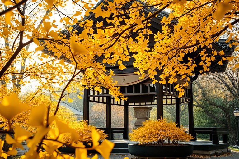 Capture a tranquil autumn scene featuring a traditional Asian pavilion surrounded by vibrant yellow ginkgo leaves, softly illuminated by morning sunlight, using a DSLR camera with a 24mm lens, aperture f/8, ISO 100, shutter speed 1/200s, shooting from a low angle to enhance depth and perspective.