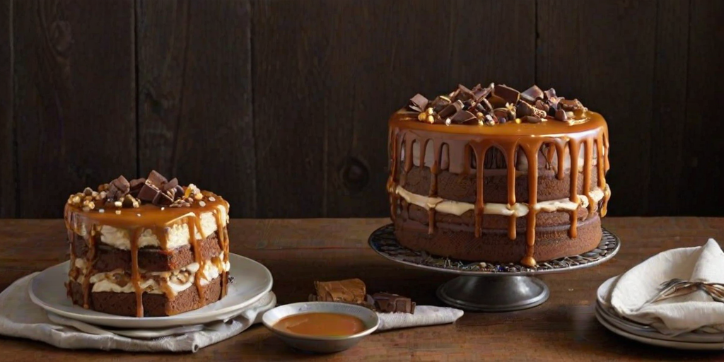 Create a decadent layered cake topped with a rich caramel sauce, chunks of chocolate, and crunchy toppings. The cake should have a moist texture and showcase a variety of flavors. Place it on a rustic cake stand with a simple cloth underneath. Include a small jar of caramel sauce beside the cake, with some toppings scattered around for a visually appealing presentation.