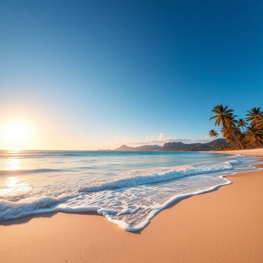 Create a vibrant heart-shaped beach scene featuring a clear blue sky, soft waves gently lapping the shore, lush green palm trees, and distant mountains with a warm sun positioned to the left, captured with a DSLR camera at f/8 aperture, 1/250 sec shutter speed, ISO 100, wide-angle lens, and in high dynamic range.