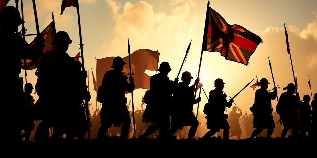 Create a high-detailed silhouette of a historical battle scene with soldiers holding flags and weapons, captured in a dramatic low-angle perspective, using a DSLR camera with a 50mm lens at f/1.8, ISO 100, and a shutter speed of 1/500s, in natural lighting to enhance contrast and depth.