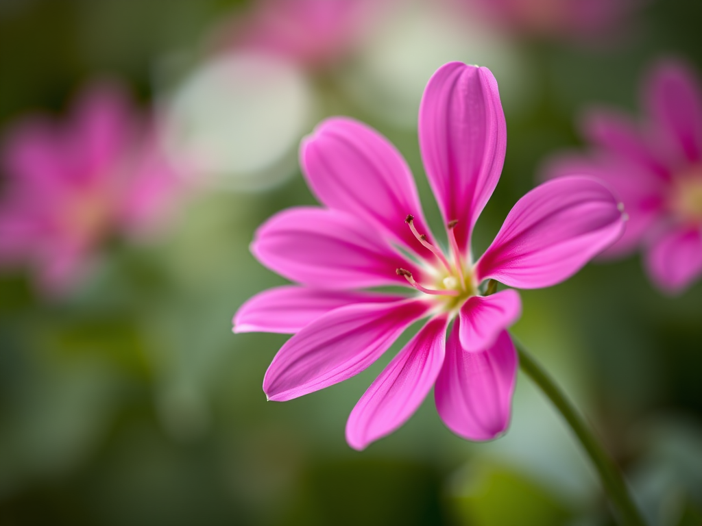 Capture a close-up of a vibrant pink flower against a blurred green background, using a DSLR camera with a 50mm lens, aperture set to f/1.8 for shallow depth of field, ISO 100, and a shutter speed of 1/200s, ensuring a bright and sharp focus on the flower.