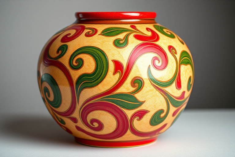Generate a colorful decorative vase with intricate swirls and patterns in red, green, and beige colors, shot in high resolution using a DSLR camera, aperture f/2.8 for a shallow depth of field, 50mm lens for sharp details, and soft studio lighting to enhance texture.