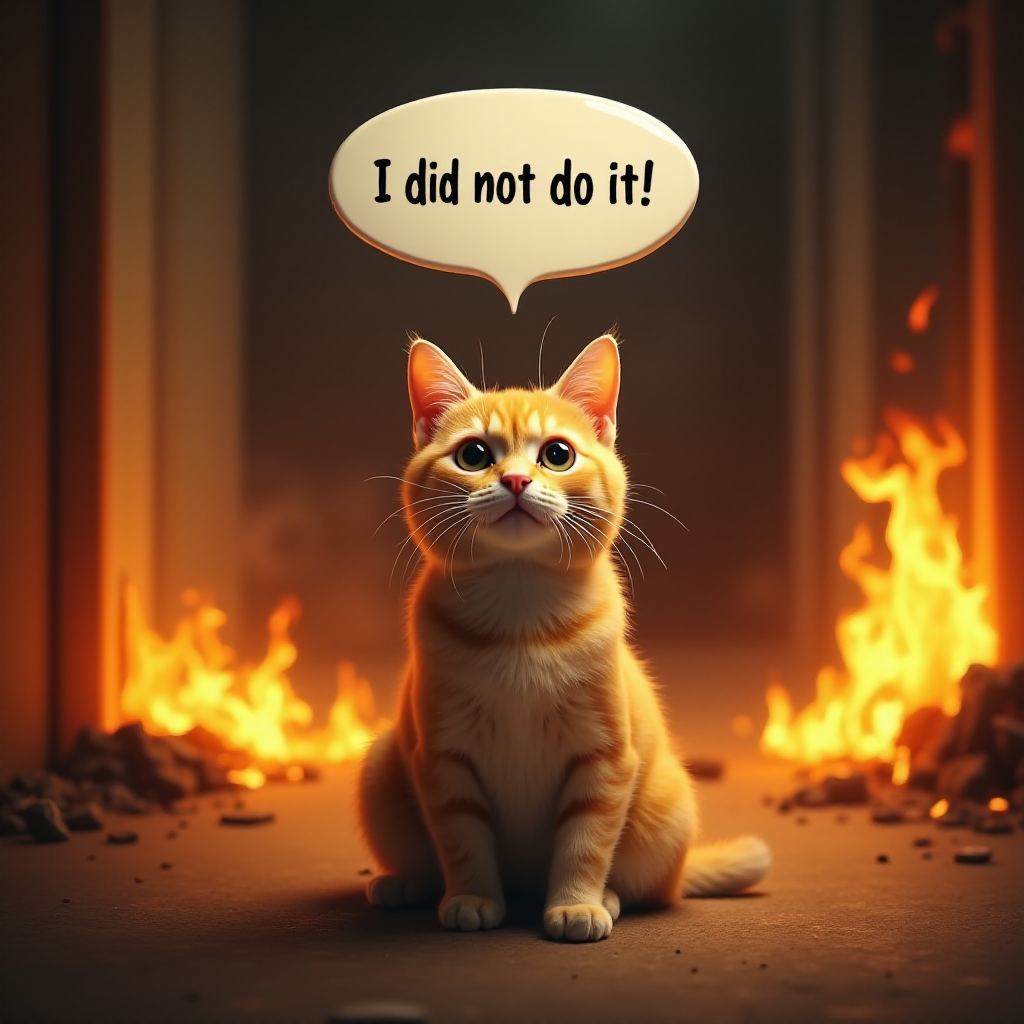 Photorealistic image of an innocent-looking cat sitting calmly in the middle of a burning room. Flames engulf the room, with fire licking up the walls and smoke filling the air. The cat is sitting on the floor, looking directly at the viewer with wide, innocent eyes. Above the cat, a speech bubble says "I did not do it" The contrast between the cat's calm demeanor and the chaos around it creates a humorous and surreal scene.