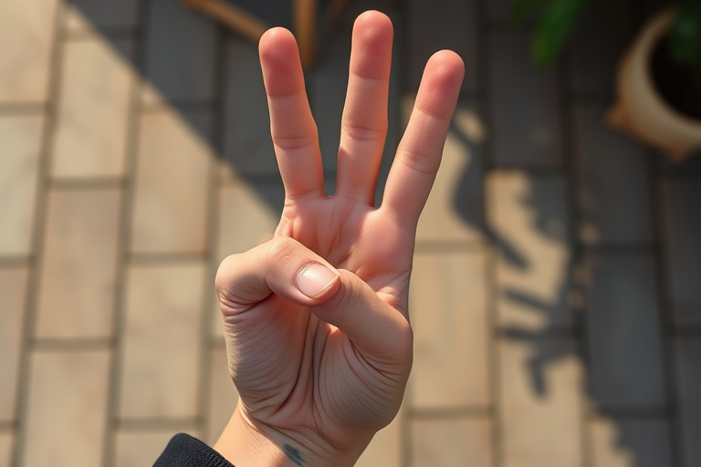 create a high-resolution image of a hand making a peace sign, using a Canon EOS R5 camera with a 50mm lens, aperture f/1.8, ISO 100, in natural lighting, top-down view, digital art style