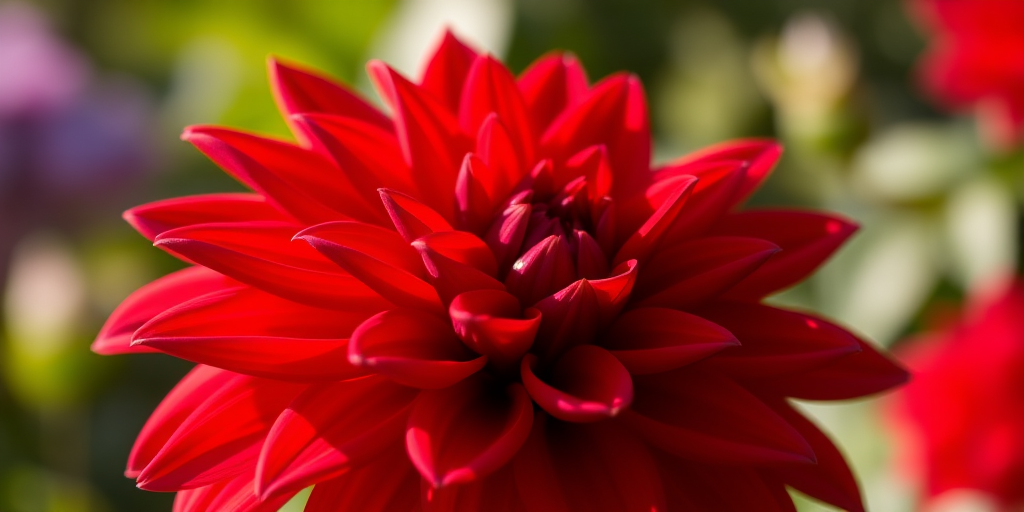 close-up of a vibrant red dahlia flower with layered petals, shallow depth of field, natural sunlight, aperture f/2.8, ISO 100, 50mm lens, macro photography, DSLR camera, focus on flower details, soft blurred background