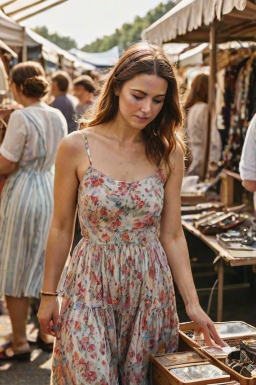 Bustling flea market, with vibrant stalls selling vintage goods and antiques, a woman in a summer dress browses the rows of items, her eyes lighting up as she finds a hidden treasure.