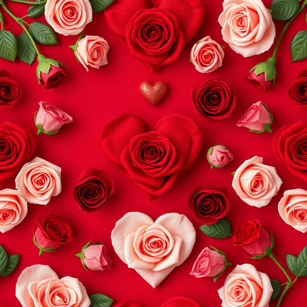 Create a seamless pattern featuring various shades of red roses arranged in heart shapes on a deep red background, using a high-resolution camera at f/8 aperture, ISO 100, 24mm lens, capturing a flat lay style for even lighting and vibrant color enhancement.