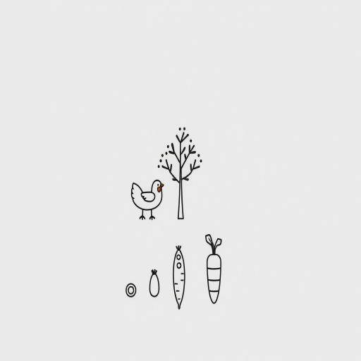 Create a minimalistic line art illustration featuring an egg, a chicken, three peas, a tree, and a carrot on a grey background, shot with a Canon EOS R5 at f/4, ISO 100, 1/200s with a top-down view, using a clean, modern style.