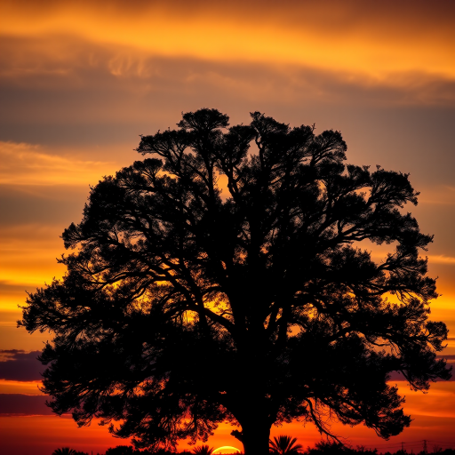 large silhouetted tree against a sunset sky, warm colors, high dynamic range, f/8 aperture, ISO 100, 50mm lens, landscape orientation, DSLR camera