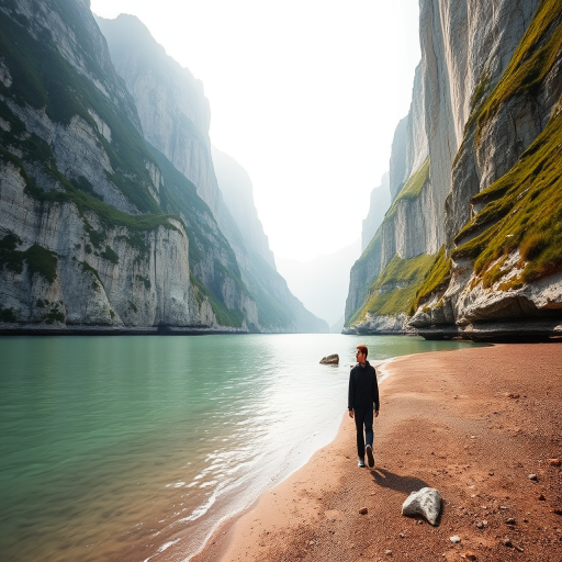 Create a serene landscape image of a person walking along a tranquil, pale green shoreline with towering white cliffs, captured with a full-frame camera at f/8, ISO 100, 1/125s, using a wide-angle lens to emphasize depth and scale, in soft natural light.