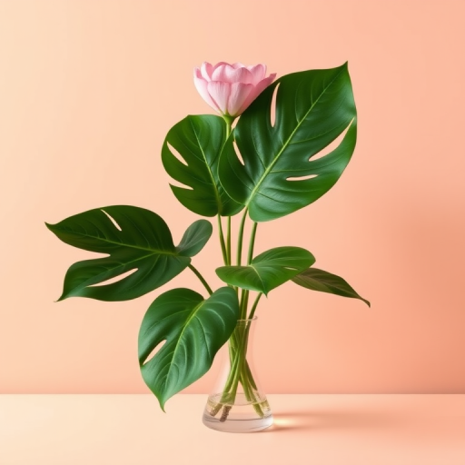 Create a high-resolution digital illustration of a stylized monstera plant in a simple vase against a soft peach background, using Canon EOS R5 with a 50mm f/1.2 lens, aperture set at f/4, ISO 100, and a 1/125 sec shutter speed for clarity and depth.
