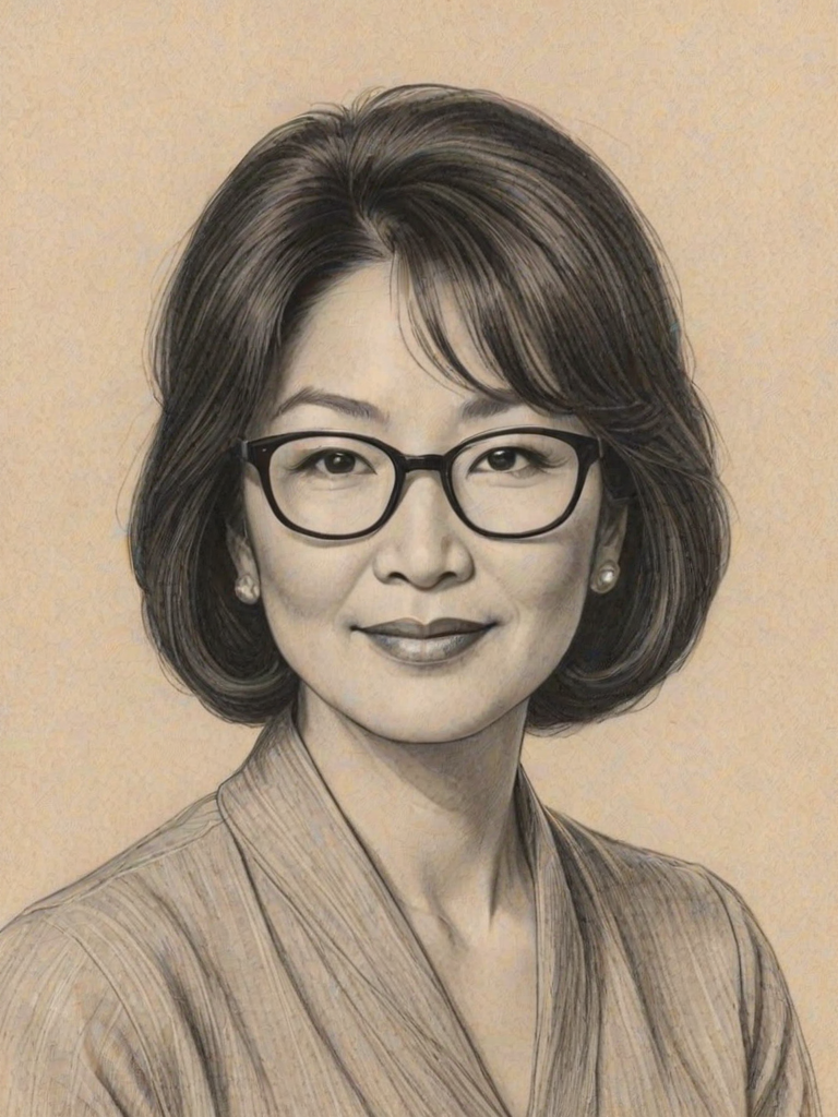 Charming Connie Chung, pencil sketch, portrait of Magnificent woman 1931s in glasses, hair style beatnik, outline, clear lines, fine lines, 8k