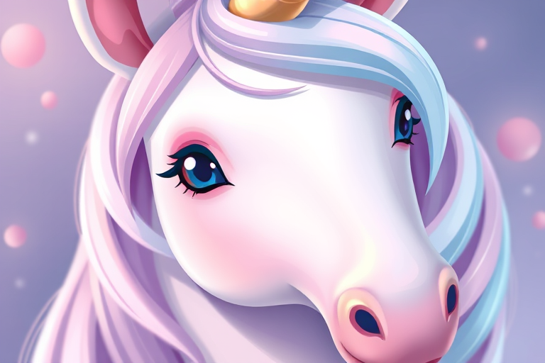 Unicorn character illustration with soft pastel colors, high resolution, close-up view, f/2.8 aperture, ISO 100, 50mm lens, digital art style.
