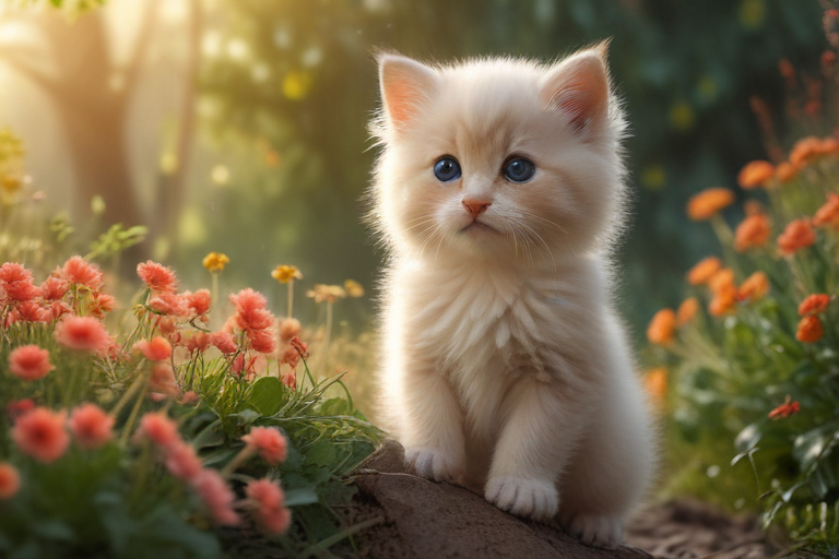 A Cute Fluffy Kitten Sitting Among Colorful Flowers in a Sunny Garden.