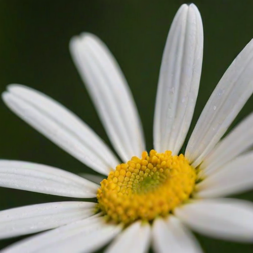 a close-up shot of a single white daisy flower with a yellow center against a blurred dark green background