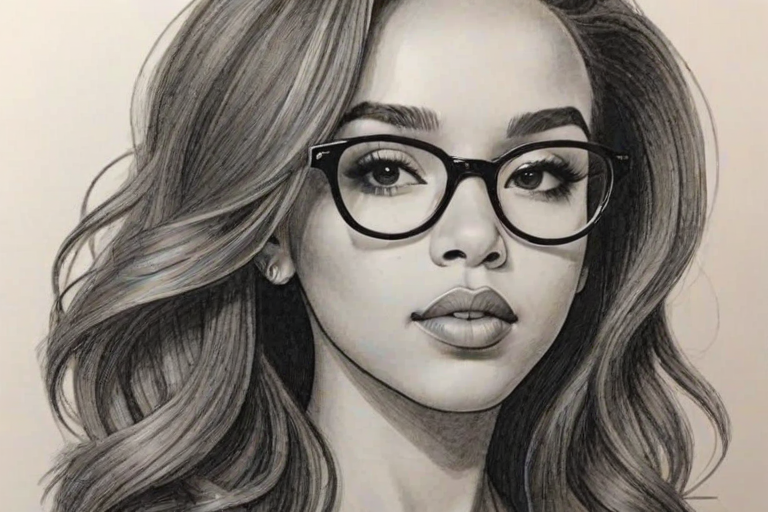 Fascinating Tinashe, pencil sketch, portrait of Gorgeous woman 1965s in glasses, hair style beatnik, outline, clear lines, fine lines, 8k