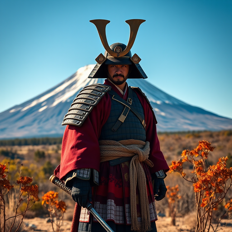 Create an image of a samurai standing in a landscape with a mountain in the background, using a 50mm lens, f/2.8 aperture, 1/250 sec shutter speed, shooting from eye level in a high-resolution digital format, emphasizing vibrant colors and sharp details.