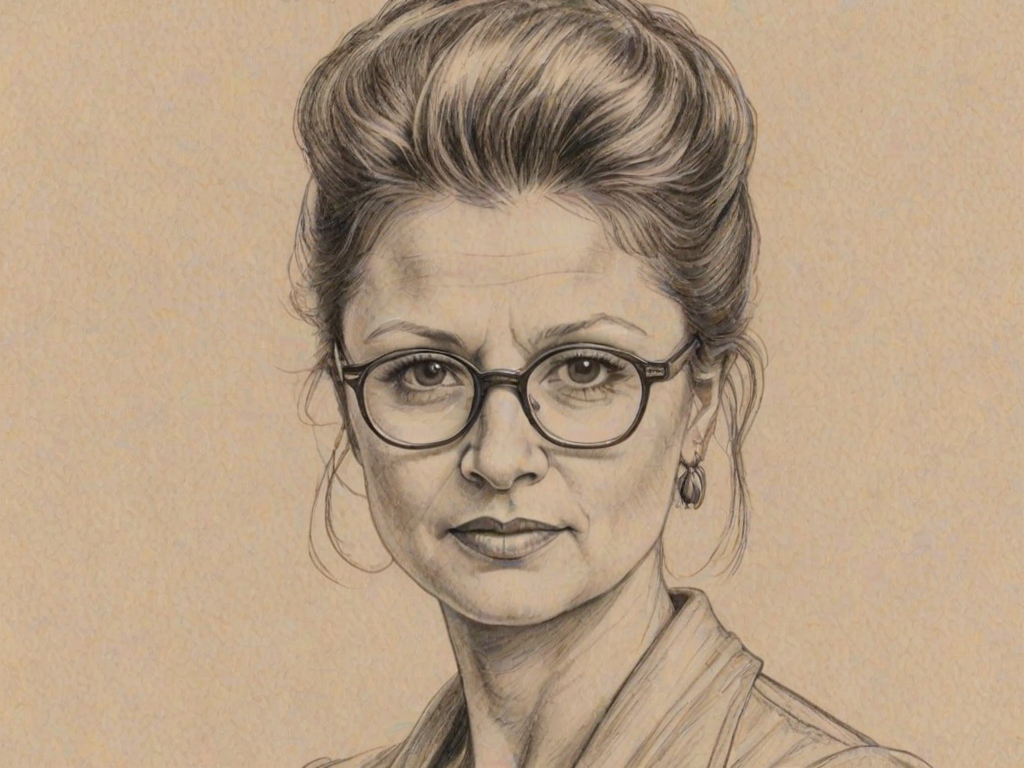 Appealing Tracey Ullman, pencil sketch, portrait of Magnificent woman 1931s in glasses, hair style beatnik, outline, clear lines, fine lines, 8k