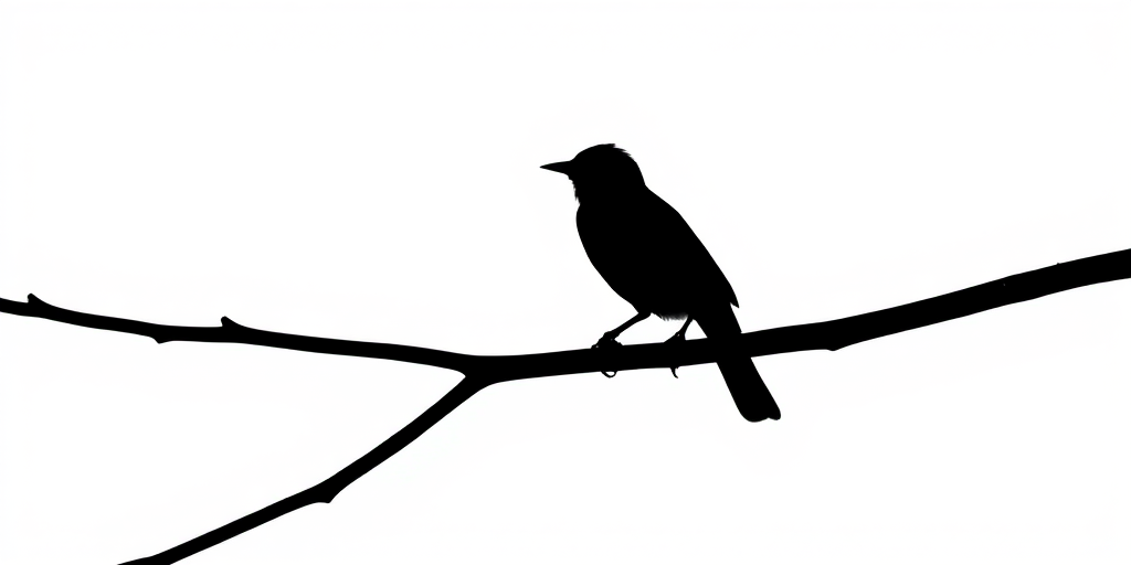 Generate a high-resolution image of a minimalistic black bird silhouette perched on a branch against a white background using a Canon EOS 5D Mark IV, 50mm lens, f/1.8 aperture, ISO 100, soft natural lighting, and shallow depth of field.