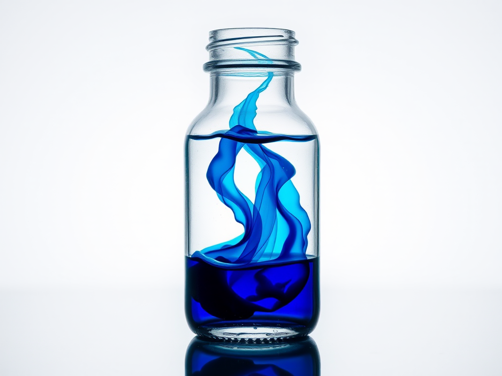 Create an image of a glass bottle containing blue ink swirling in clear liquid, with a softly blurred background, shot with a 50mm lens at f/2.8, ISO 100, 1/125s exposure, using a DSLR camera for high-quality detail and vibrant colors.