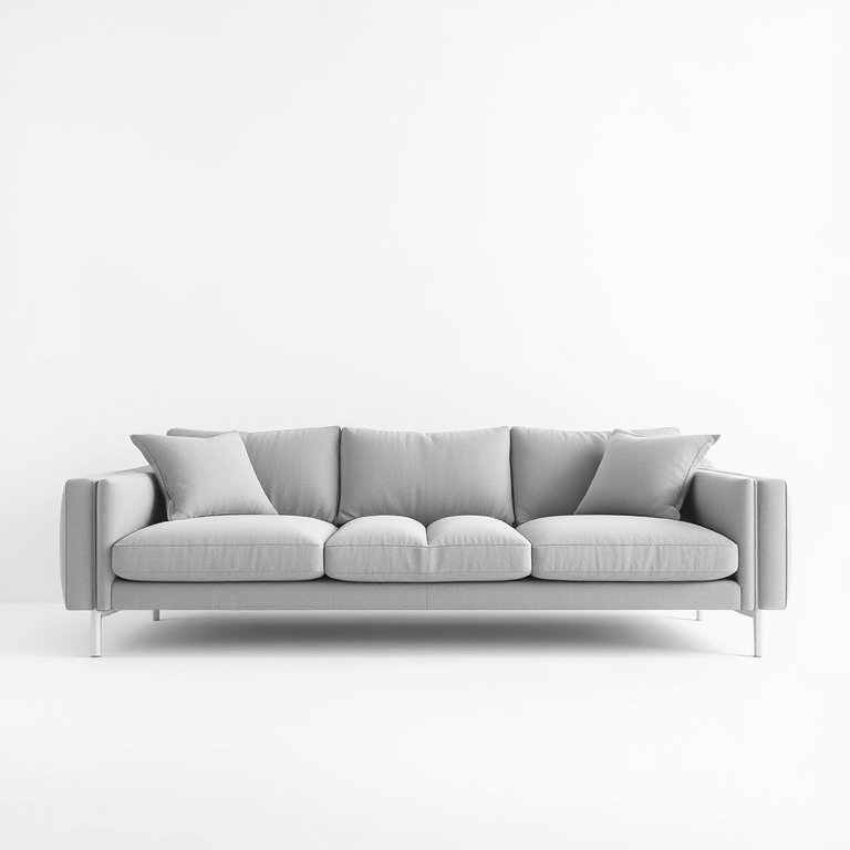 create a minimalist modern couch in a soft gray color with smooth textures, focus on clean lines and comfortable cushions, shot with a DSLR camera at f/5.6, ISO 100, 1/125s, using a 35mm lens, in a well-lit studio with soft box lighting for even illumination and minimal shadows