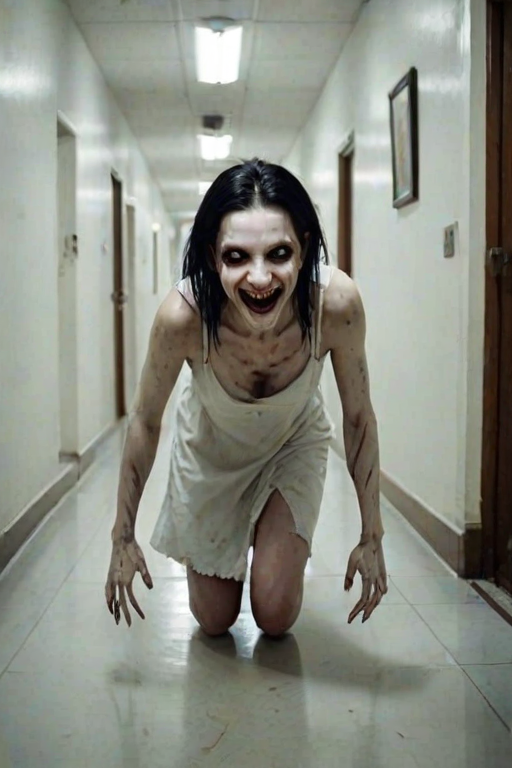 a crooked female with long arms and a creepy smile is crawling along a long white corridor and you can also see cockroaches in it there is a creepy atmosphere creepy art style