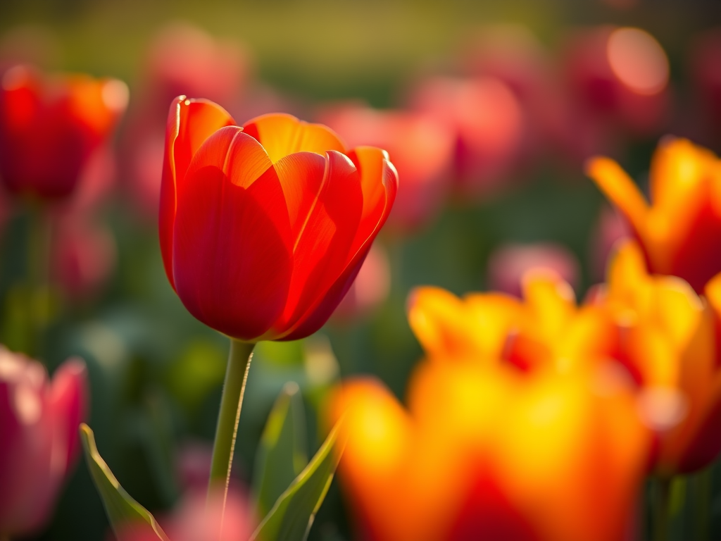 close-up of a vibrant red tulip surrounded by blurred tulip flowers in soft focus, captured with a Canon EOS R5, 85mm lens, aperture f/1.8, ISO 100, golden hour lighting, shallow depth of field for soft background bokeh