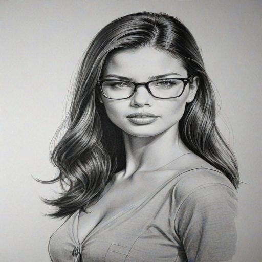 Enchanting Adriana Lima, pencil sketch, portrait of Charming woman 1963s in glasses, hair style beatnik, outline, clear lines, fine lines, 8k