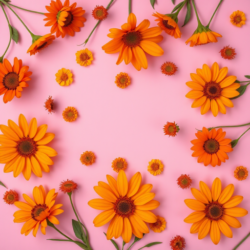 Create a vibrant floral pattern with stylized orange flowers of varying sizes against a soft pink background, using a DSLR camera with a 50mm lens, f/2.8 aperture, ISO 100, shot from a top-down view in a flat lay style to enhance clarity and color contrast.