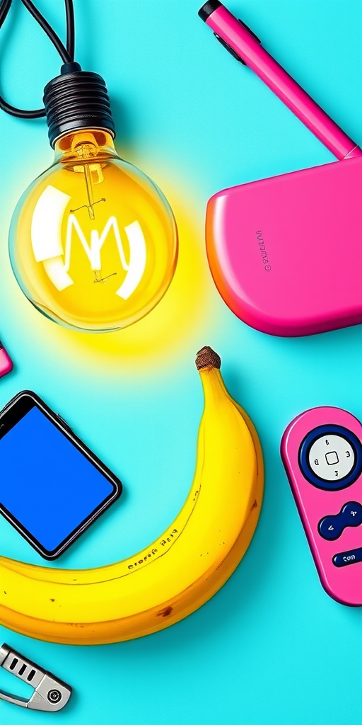 Create a vibrant illustration of a light bulb, a smartphone, a banana, and a remote control in a playful arrangement, using a digital drawing style with bright colors, captured in a flat lay view, using a high-resolution digital camera set to f/8 aperture, ISO 100, and 1/60s shutter speed for sharp details.