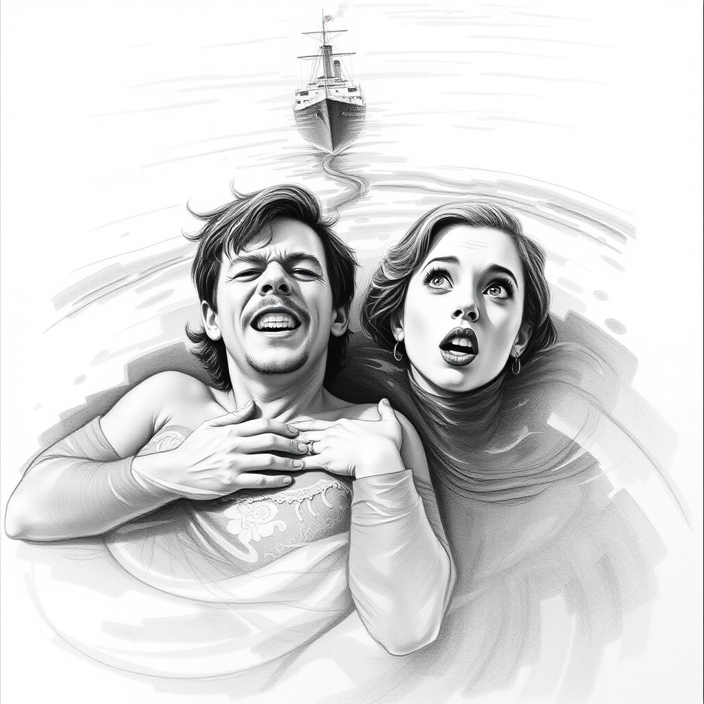 A hyperdetailed photorealistic black and white pencil sketch recreating the iconic scene at the end of Titanic with Jack and Rose floating in the water, only show them making exaggerated funny faces at the camera. Show Rose spitting water at the camera.