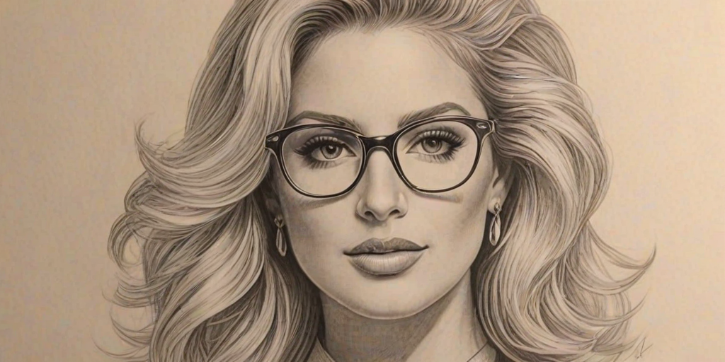 Ravishing Kim Zolciak, pencil sketch, portrait of Magnificent woman 1931s in glasses, hair style beatnik, outline, clear lines, fine lines, 8k
