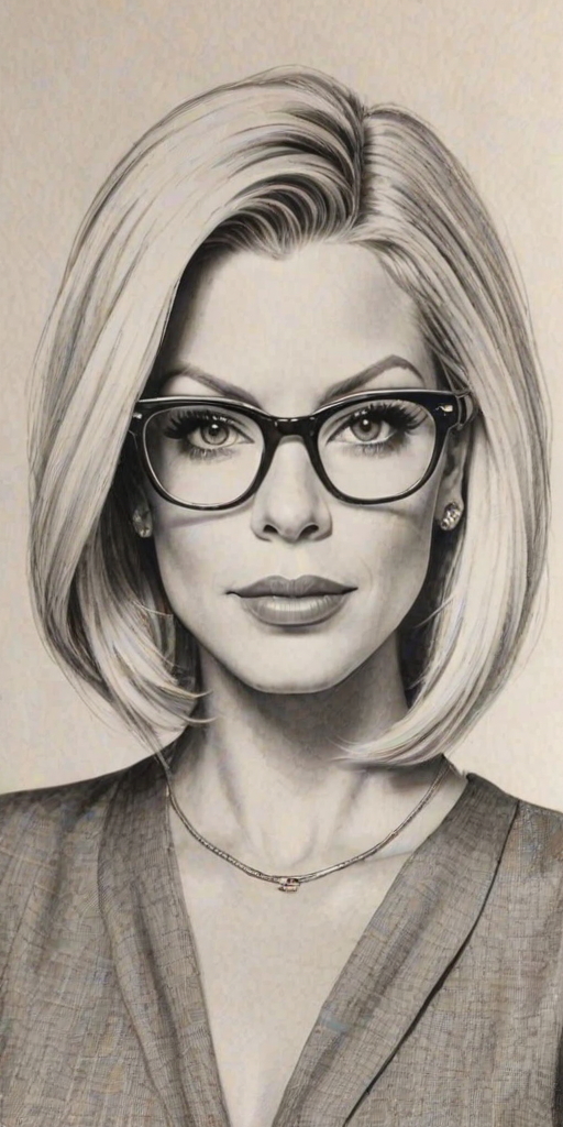 Graceful Tori Spelling, pencil sketch, portrait of Fascinating woman 1964s in glasses, hair style beatnik, outline, clear lines, fine lines, 8k