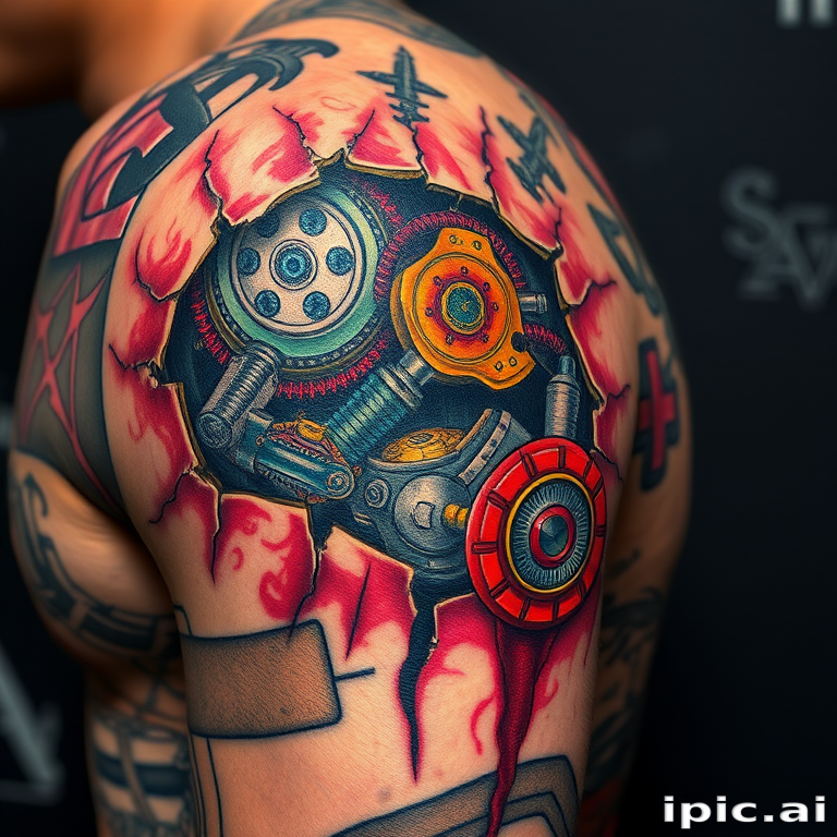 Vibrant biomechanical body tattoo revealing intricate mechanical parts beneath torn skin on the shoulder, blending hyperrealistic details with science fiction elements