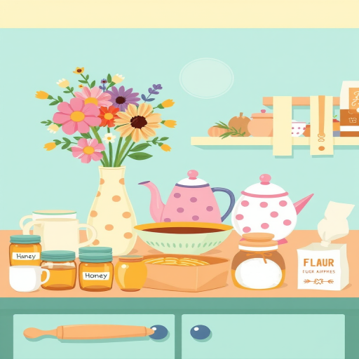 Create a colorful and whimsical kitchen illustration featuring a vase of flowers, various mugs, tea and coffee canisters, a teapot, a polka-dotted kettle, a bowl, baking tools, jars labeled with honey, a rolling pin, and a flour bag, with bright pastel colors, digital illustration style, high resolution, using a graphic tablet.