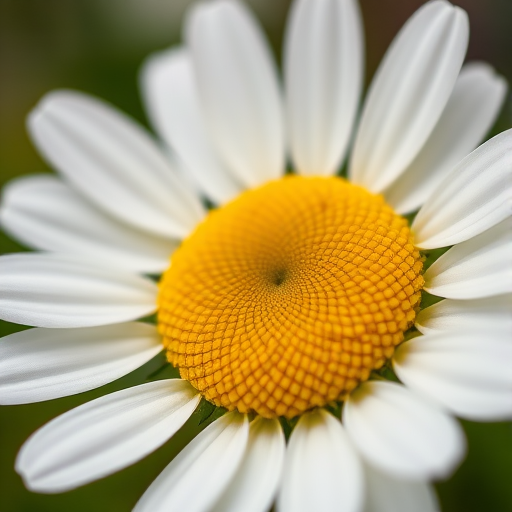 macro shot of a daisy flower with detailed focus on the yellow center and white petals, shallow depth of field, f/2.8 aperture, ISO 100, 50mm lens, natural lighting, DSLR camera