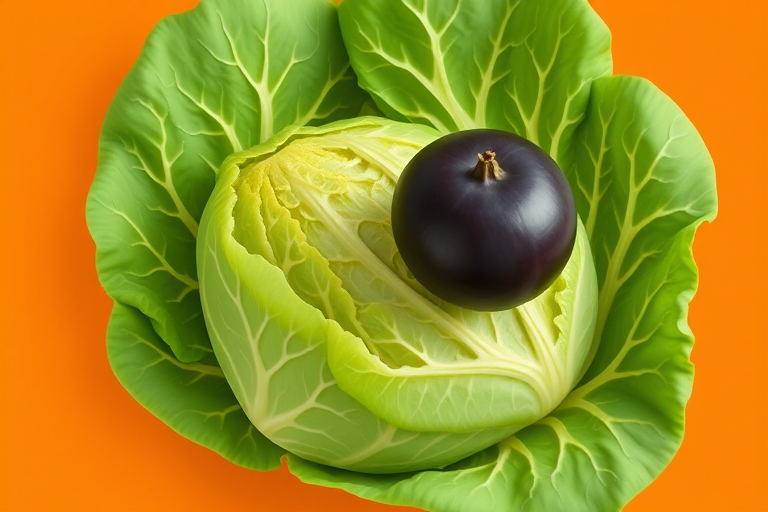 Create a vibrant illustration of a green cabbage and a round, dark fruit on a bright orange background, using a DSLR camera with a 50mm lens, aperture f/2.8, ISO 100, and soft, diffused lighting to enhance colors and textures.