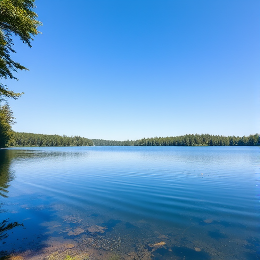 A serene landscape featuring a calm lake surrounded by lush greenery under a clear blue sky, shot with a Canon EOS R5 at f/8, ISO 100, 1/125 sec, using a wide-angle lens from a low angle to capture the reflections in the water and foreground details.