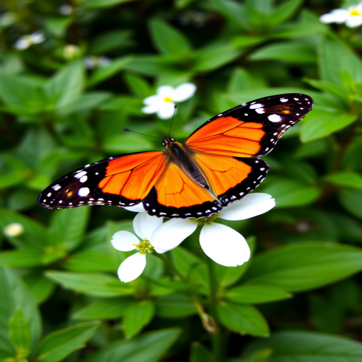 Generate an image of a butterfly with vibrant orange and black wings resting on a white flower. The background should feature lush green foliage, creating a serene and natural atmosphere.