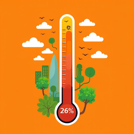 Create a high-resolution illustration of a thermometer graphic showing a balance between urban and natural environments with a warm orange background, using a Canon EOS 5D Mark IV, f/8 aperture, 1/125 sec shutter speed, and a 50mm lens for sharp detail and vibrant colors.
