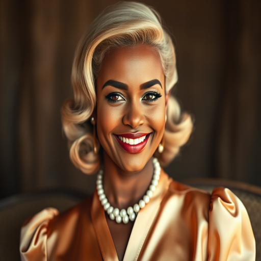 A beautiful Zulu woman reminiscent of 1950s Hollywood glamour, with perfectly styled blonde hair and a seductive smile, dressed in a satin blouse and adorned with pearls, soft and warm tones, photorealistic, 8K