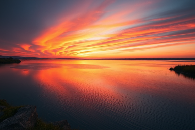 Create a vibrant sunset over a serene lake, using a Canon EOS R5 with a 24-70mm f/2.8 lens, f/8 aperture, ISO 100, 1/125 sec shutter speed, landscape perspective, and soft focus to enhance colors and details.