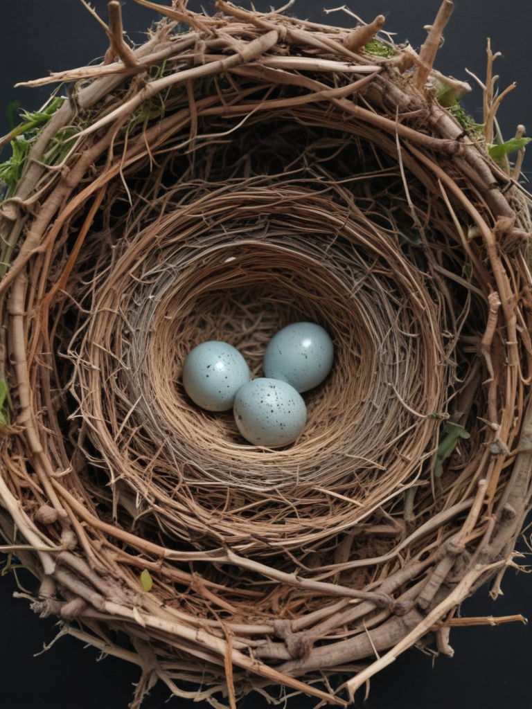 Delicate Bird's Nest with Three Beautifully Speckled Blue Eggs Inside