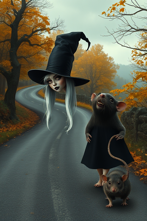 digital art fantasy depicting a strange girl with white hair, long eyelashes, black lipstick and a tall hat walking along a winding road on an autumn afternoon, an Rat smiles as she passes
