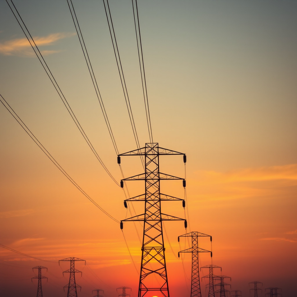 high voltage power lines against a sunset sky, soft warm tones, focal length 35mm, aperture f/8, ISO 200, shot from a low angle, DSLR camera, natural lighting
