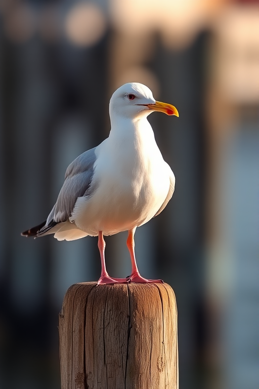 Capture a close-up of a seagull perched on a wooden post with a shallow depth of field, using a DSLR camera, 50mm lens, aperture f/2.8, ISO 200, natural lighting, and a blurred background for enhanced focus on the bird.