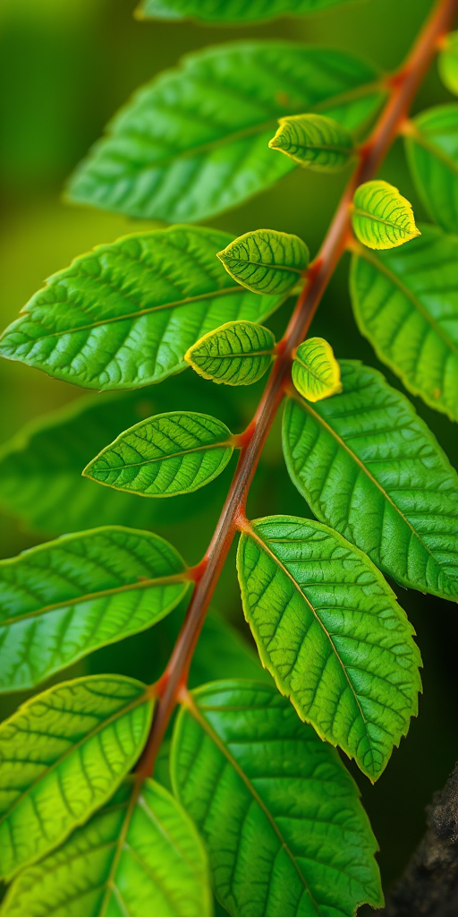 generate a high-resolution image of a green leaf branch with vibrant colors and sharp details, using a DSLR camera at f/8 aperture, 1/125 shutter speed, ISO 200, top-down view, macro photography style