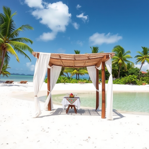 Create a picturesque tropical beach scene featuring a serene, white sandy shore. In the foreground, there's a rustic wooden canopy with white drapes gently flowing in the breeze. Underneath the canopy, a table is set with tropical decor, evoking a sense of relaxation and leisure. The beach extends into a calm, shallow water area with reflections of the sky and surroundings. Palm trees and lush greenery line the edge of the beach, providing a natural, tropical backdrop. The sky is clear with a few scattered clouds, and the overall atmosphere is tranquil and inviting, perfect for a peaceful retreat.